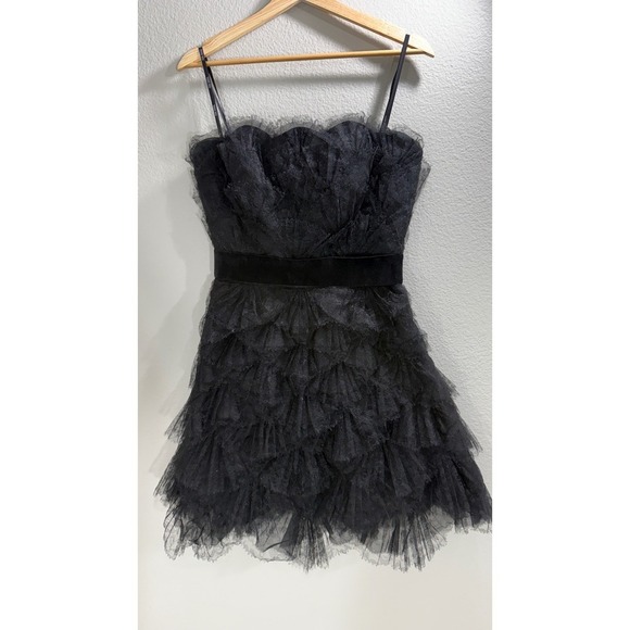 Tadashi Shoji Black Tulle Ruffled Silk Contrast Strapless Bustier Dress Sz 4 - Picture 12 of 12